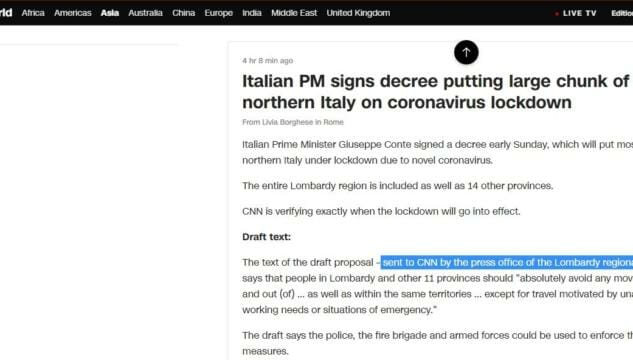 La Cnn sostiene di aver ricevuto la bozza del decreto Coronavirus dalla Regione Lombardia