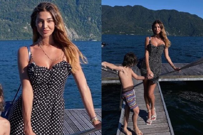 Belén Rodriguez con il mini abito a pois che richiama quello indossato da Emma Marrone