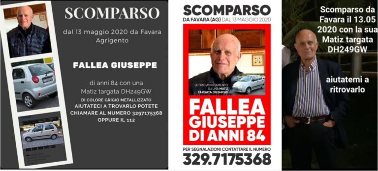 Favara, scomparsa di Giuseppe Fallea. Trovata l’auto