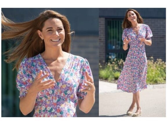 Kate Middleton sempre alla moda. Eccola con abito a fiori lilla ed espadrillas