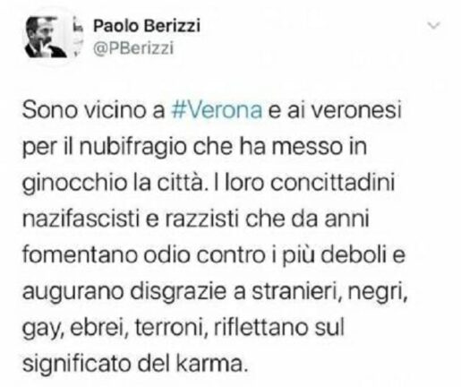 Quel tweet choc del giornalista: “Verona? Nubifragio è il karma”