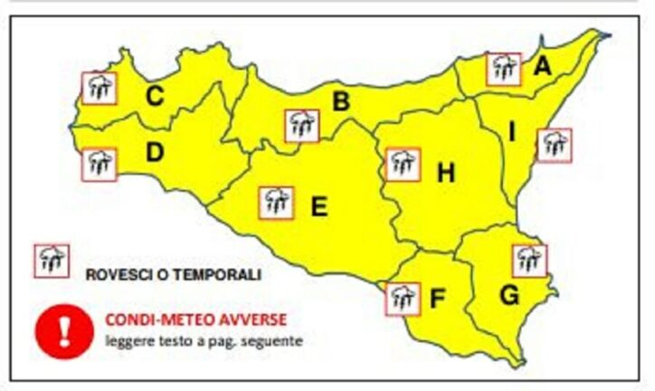 Sicilia, maltempo, scatta l’erta meteo di colore giallo per domani