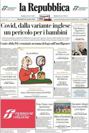 La rassegna stampa dei quotidiani di oggi, giovedì 24 dicembre 2020