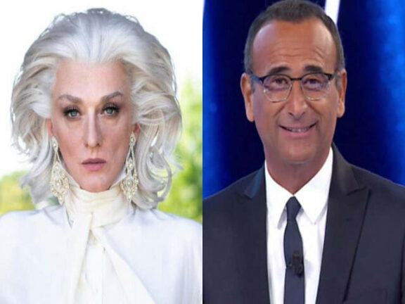 Drusilla Foer con Carlo Conti ai David di Donatello