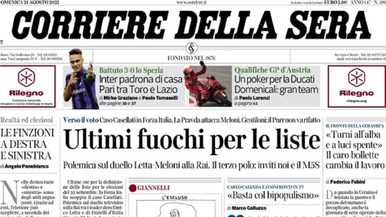 Rassegna stampa di oggi 21 agosto 2022