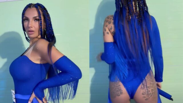 Elettra Lamborghini capelli e body blu