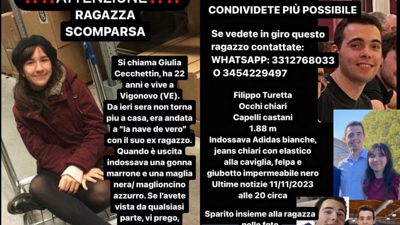 Veneto: si cercano Giulia Cecchettin e Filippo Turetta. I 22enni sono scomparsi