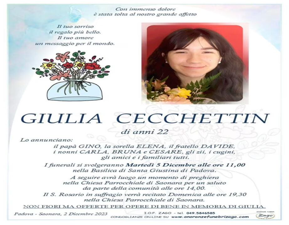 Giulia Cecchettin, le esequie il 5 dicembre a Padova