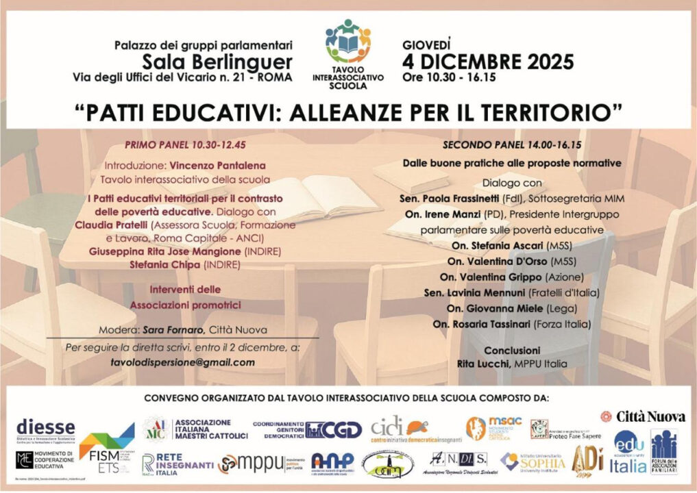 Scuola: Patti educativi e territorio. Tavolo Interassociativo ne discute a Roma