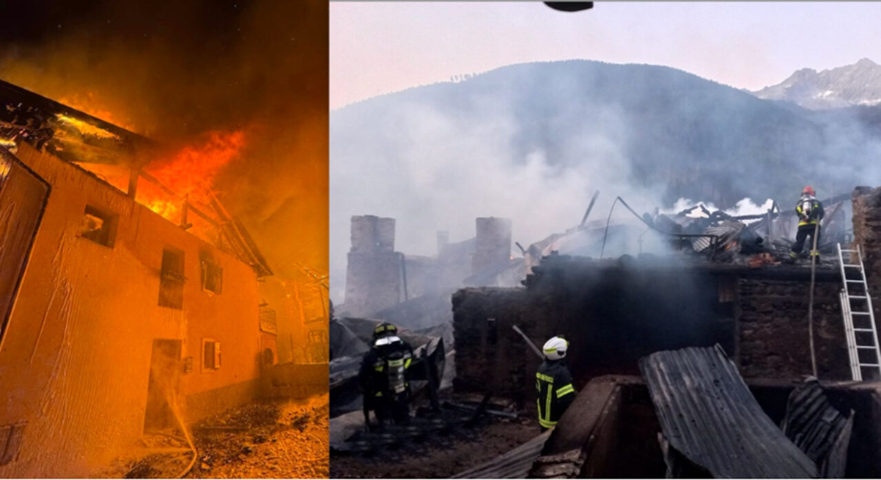 Incendio devasta la frazione di Fraviano a Vermiglio: divorati tre edifici e il tetto della chiesa